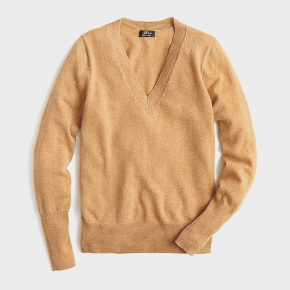 J.Crew Cashmere V-neck fitted sweater, Hthr Camel